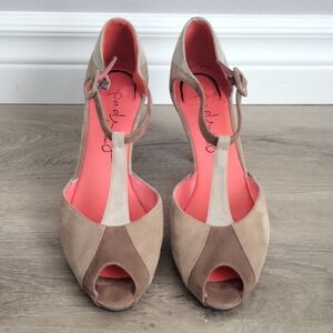 Pas de Rouge Italian Suede T-Strap Peep Toe Heels - Tri-Tone Taupe & Brown